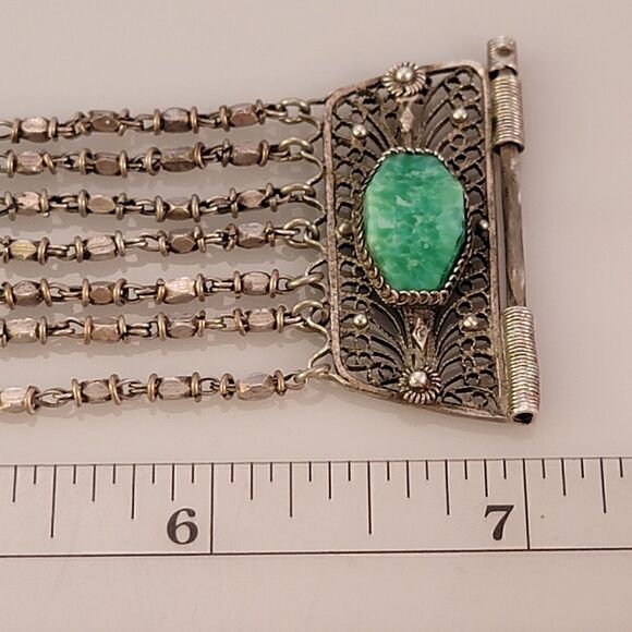 Vintage Silver Middle Eastern Filligree Green Stone Strand Bracelet - Picture 6 of 7